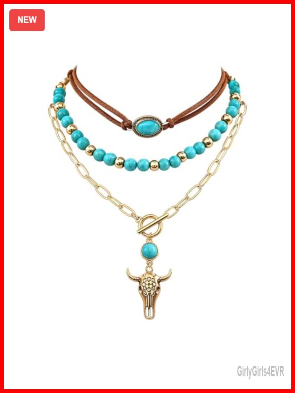 Western Layered Choker Necklace Set Turquoise Beads Cow Skull Pendant Boho